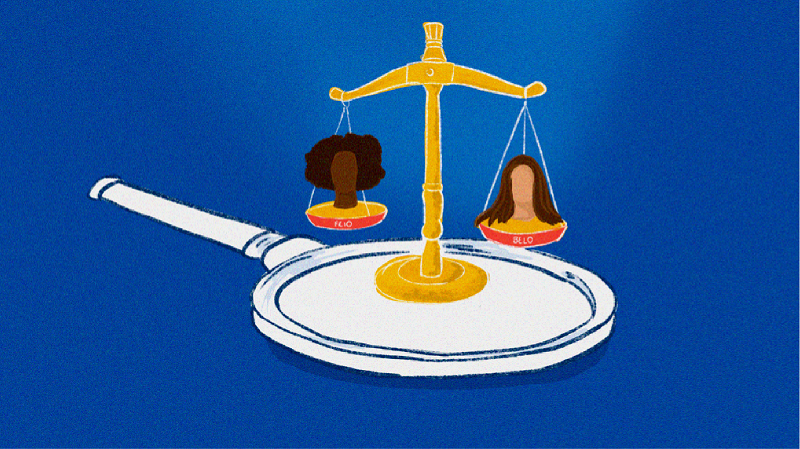 Ilustração mostra uma lupa com uma balança em cima e a imagem de duas mulheres.
